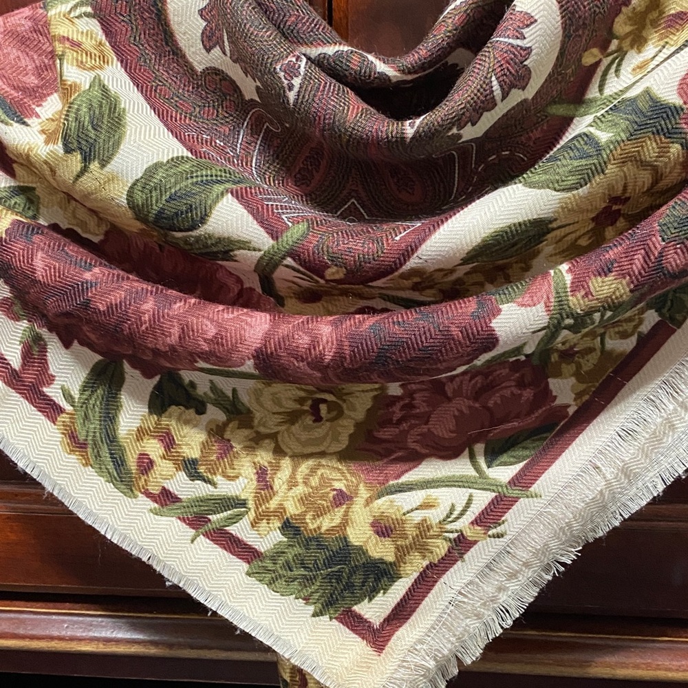 Bash’s Scarves Inc. vintage Floral Paisley Scarf in Burgundy green and Cream - Picture 10 of 16